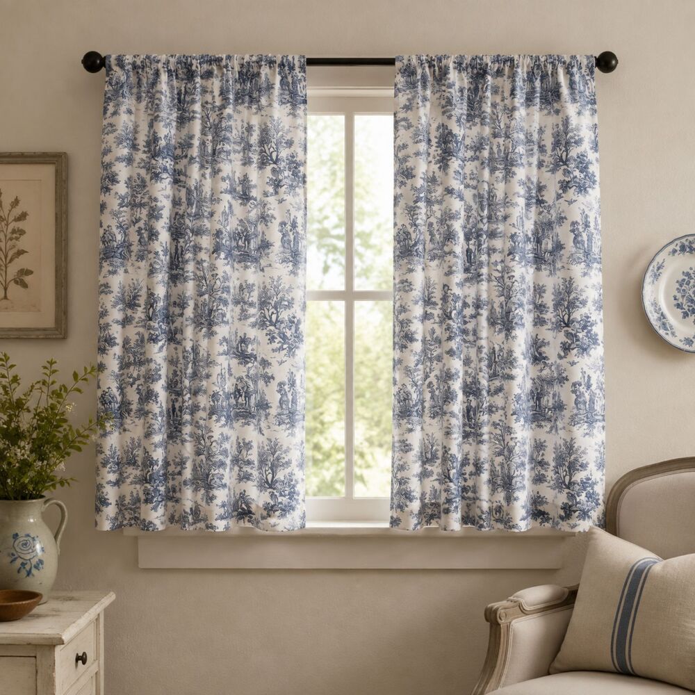 Vintage Waverly Rustic Toile Curtains 3 Panels Blue White Cotton 54x52